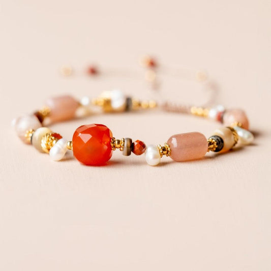 Armband - Peach Mondstein, red Agate, roter Jaspis und Perlen